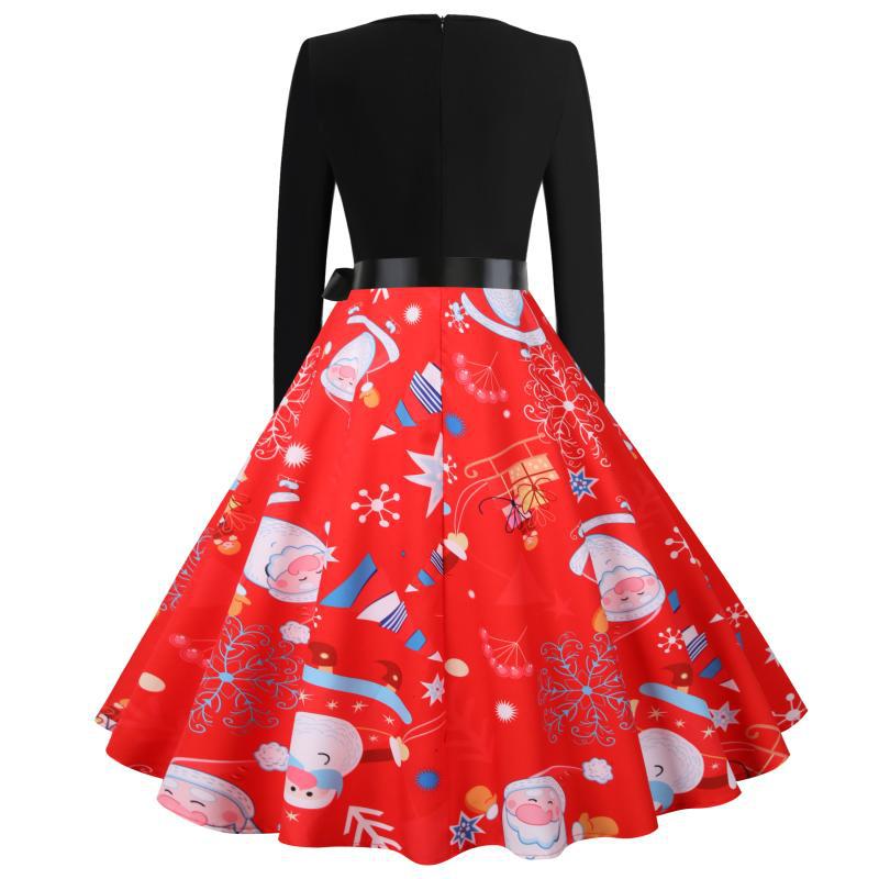 Women's red Christmas swing dress with black bodice and scalloped V-neck