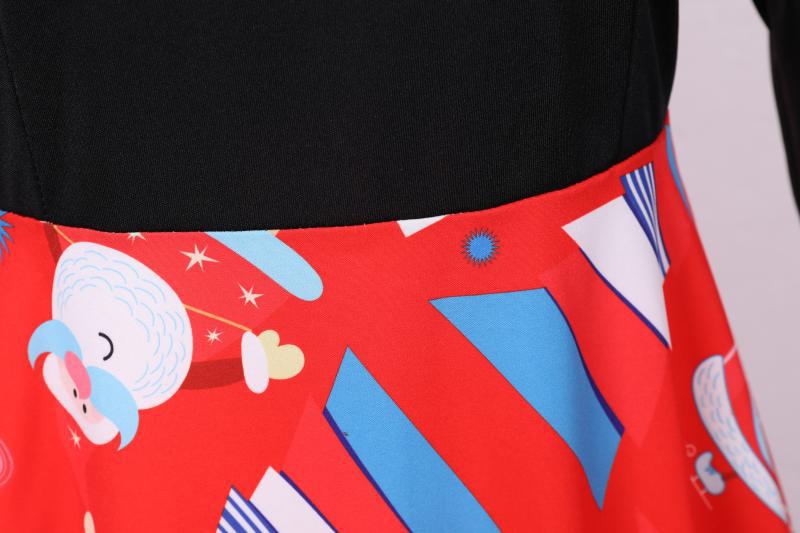 Women's red Christmas swing dress with black bodice and scalloped V-neck