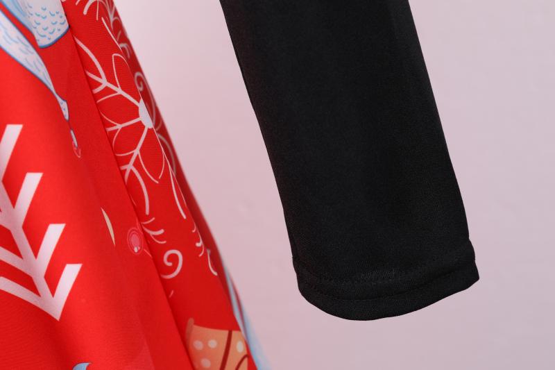 Women's red Christmas swing dress with black bodice and scalloped V-neck
