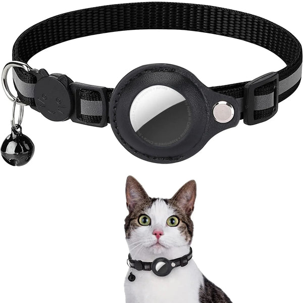 Reflective pet collar with AirTag holder in black, with bell, shown on a cat