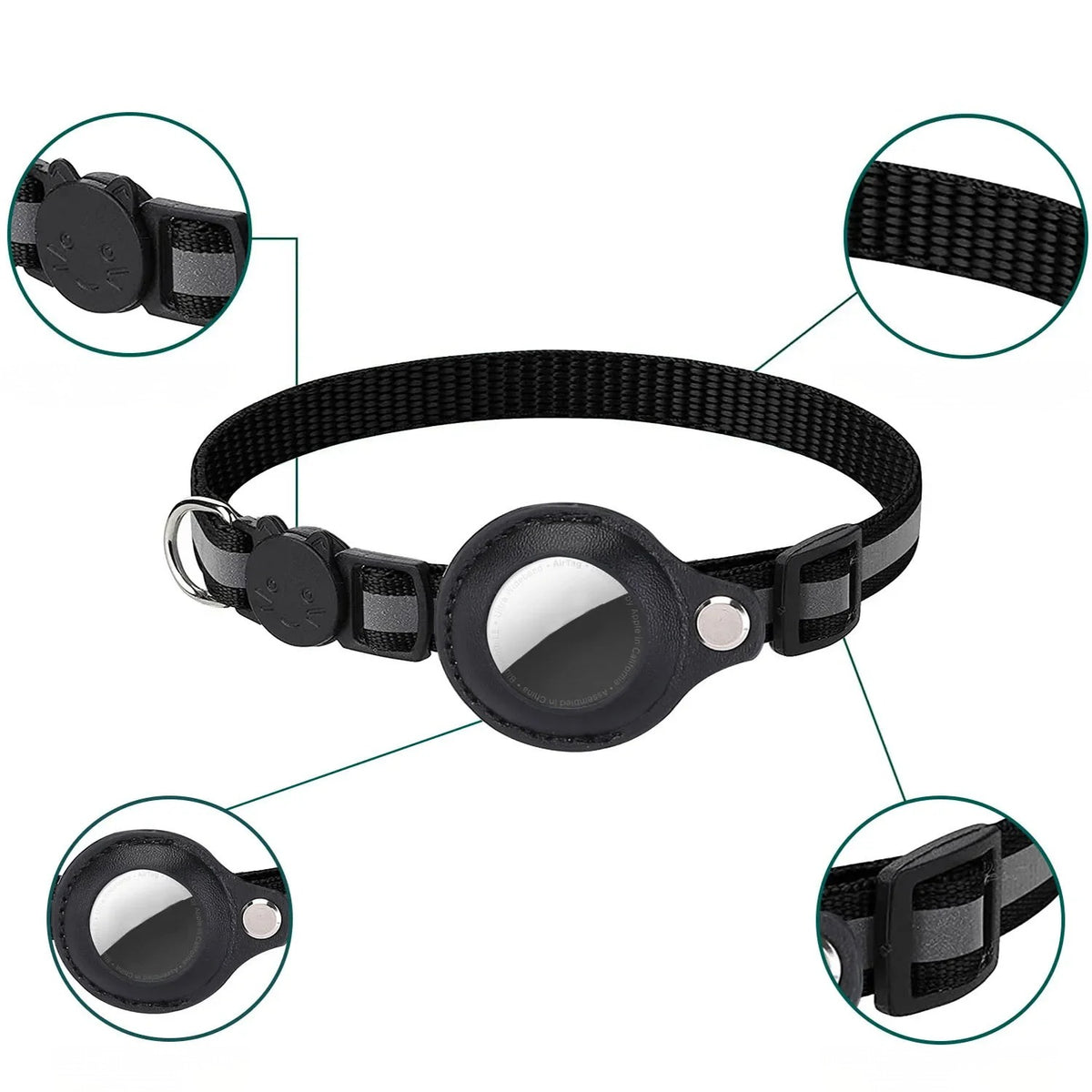 Close-up of the black AirTag pet collar: breakaway buckle, nylon band, holder and reflective strip
