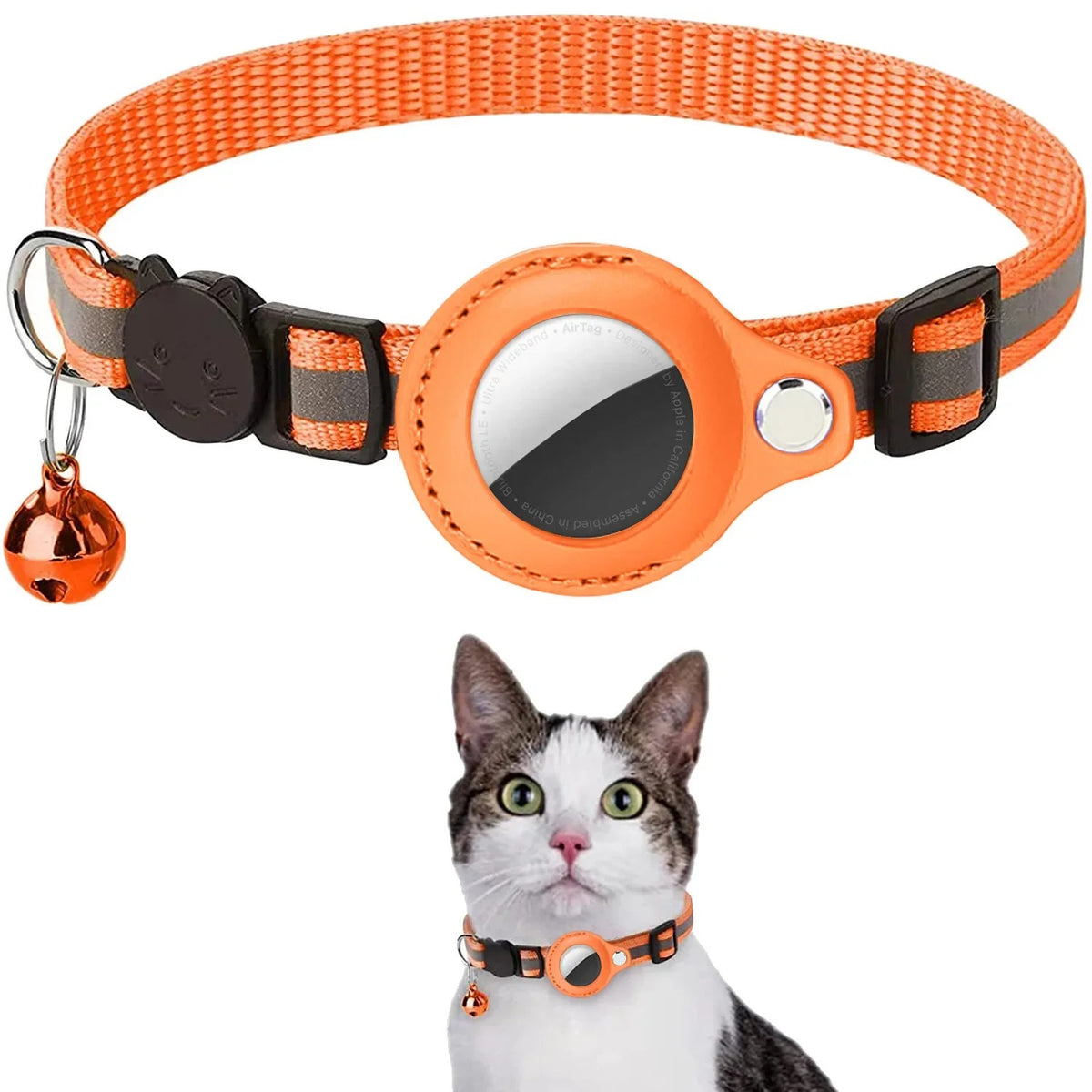 Reflective pet collar with AirTag holder in orange, with bell, shown on a cat