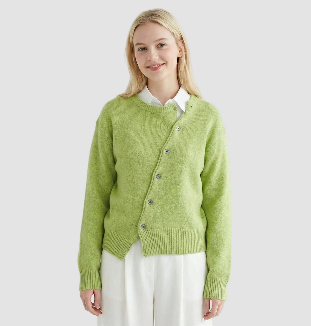 Women's relaxed knit cardigan with a round neck and asymmetric button front - lime green