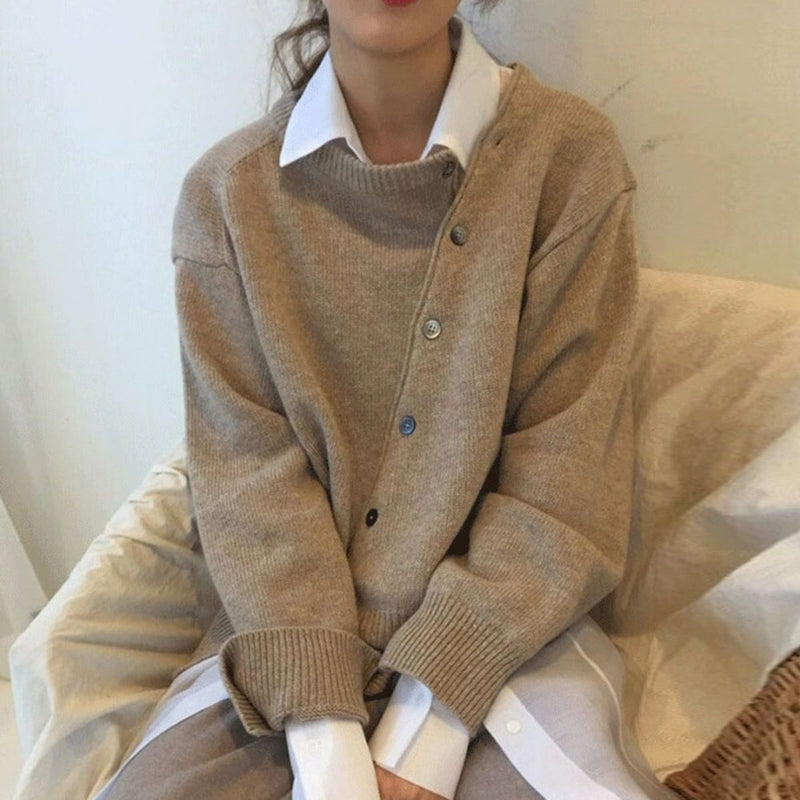 Women's relaxed knit cardigan with a round neck and asymmetric button front - taupe