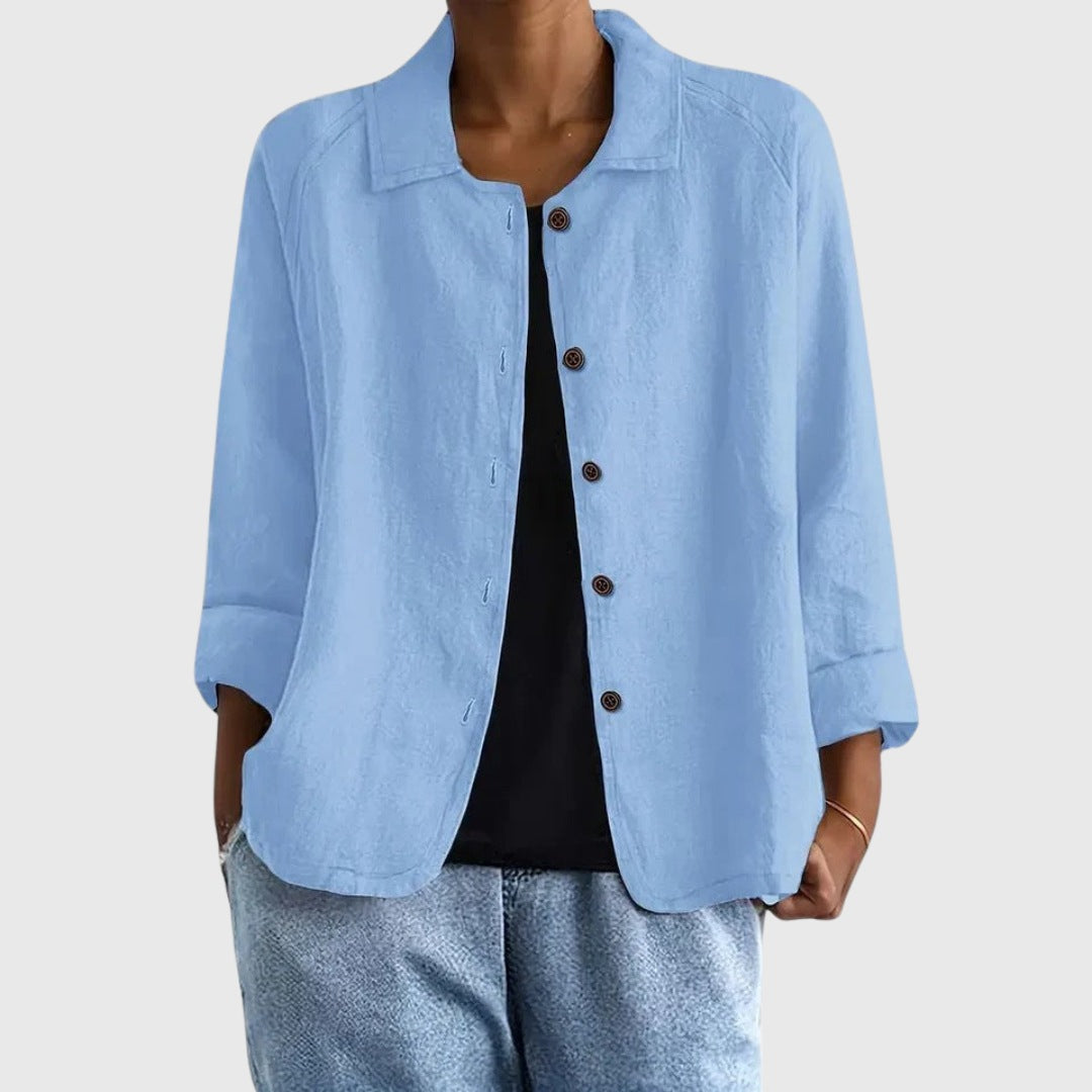 Women's relaxed linen-look shirt with a collar and button front - light blue