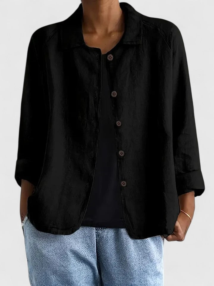 Women's relaxed linen-look shirt with a collar and button front - black