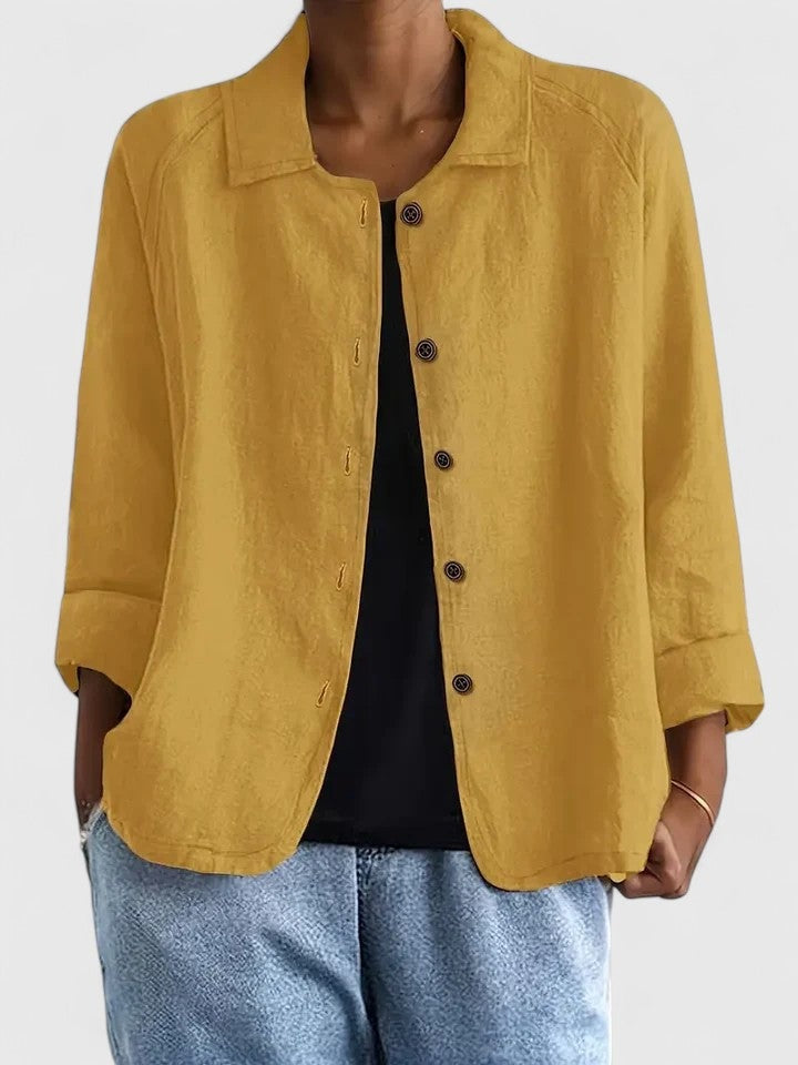 Women's relaxed linen-look shirt with a collar and button front - mustard