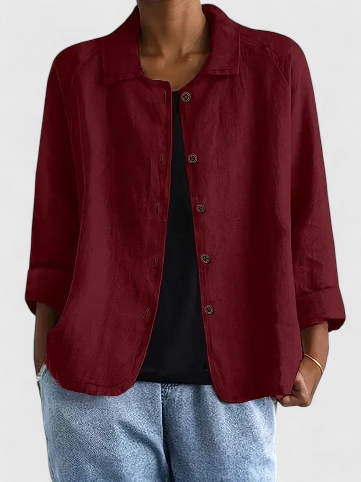 Women's relaxed linen-look shirt with a collar and button front - wine red