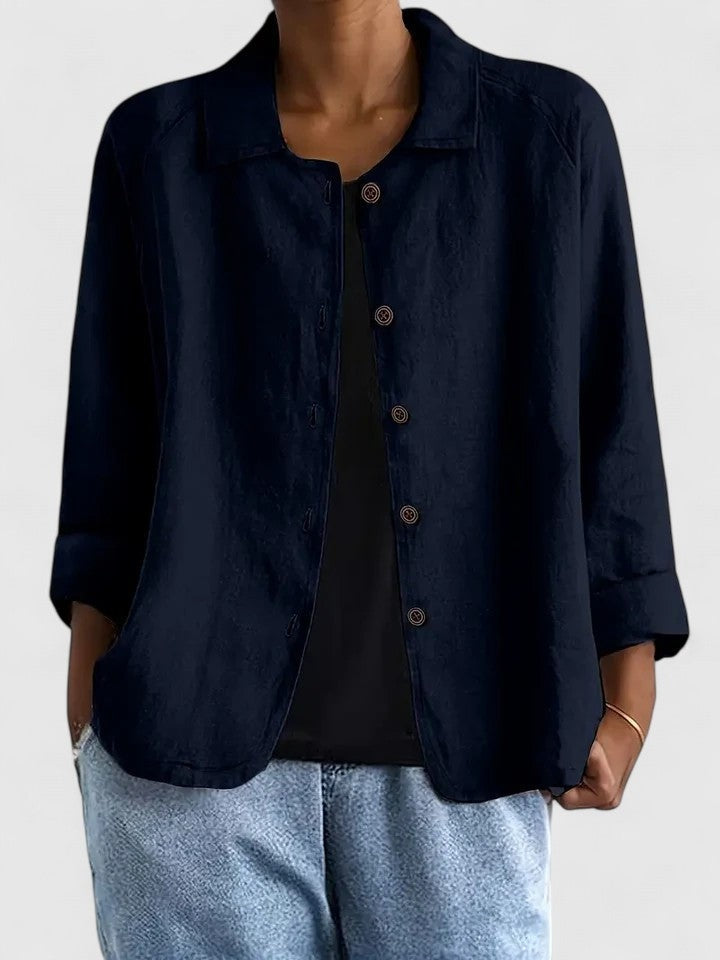 Women's relaxed linen-look shirt with a collar and button front - navy