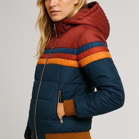 Women's retro stripe puffer jacket with ribbed cuffs and hem