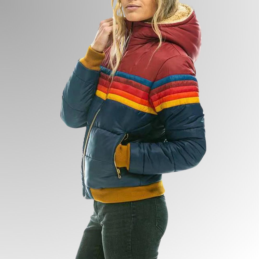 Women's retro stripe puffer jacket with ribbed cuffs and hem