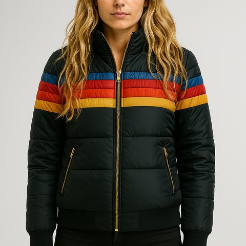 Women's retro stripe puffer jacket with ribbed cuffs and hem - black