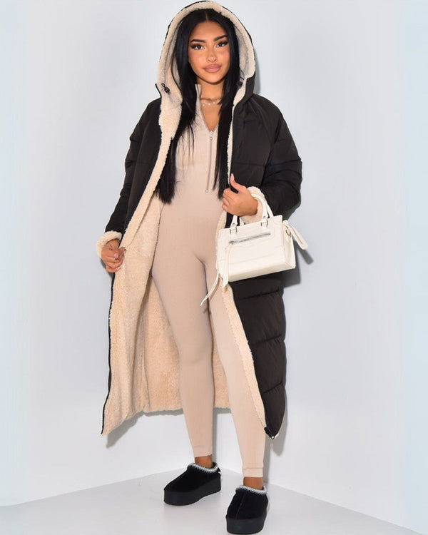 Women's reversible longline puffer coat with cream teddy and a hood - black