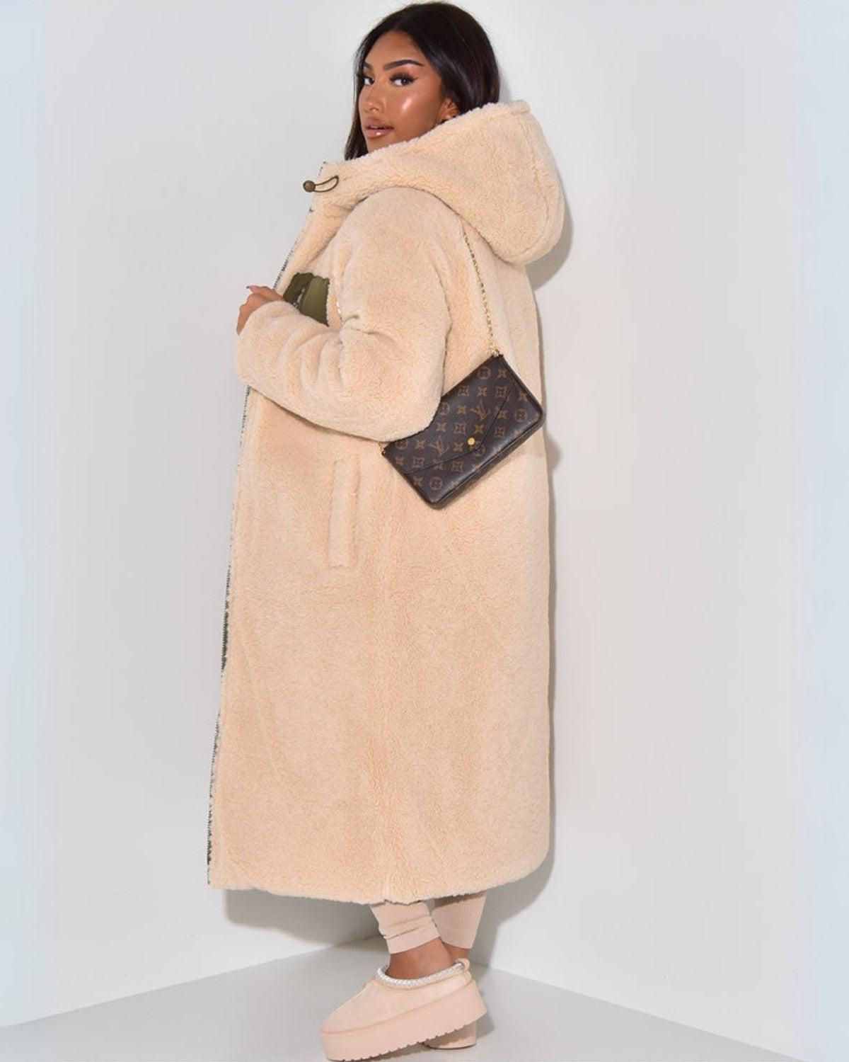 Women's reversible longline puffer coat with cream teddy and a hood