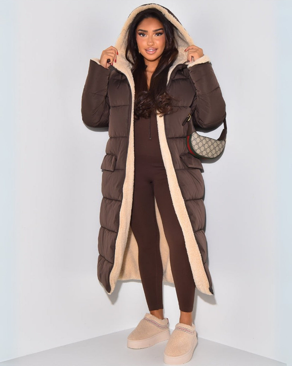 Women's reversible longline puffer coat with cream teddy and a hood - chocolate brown