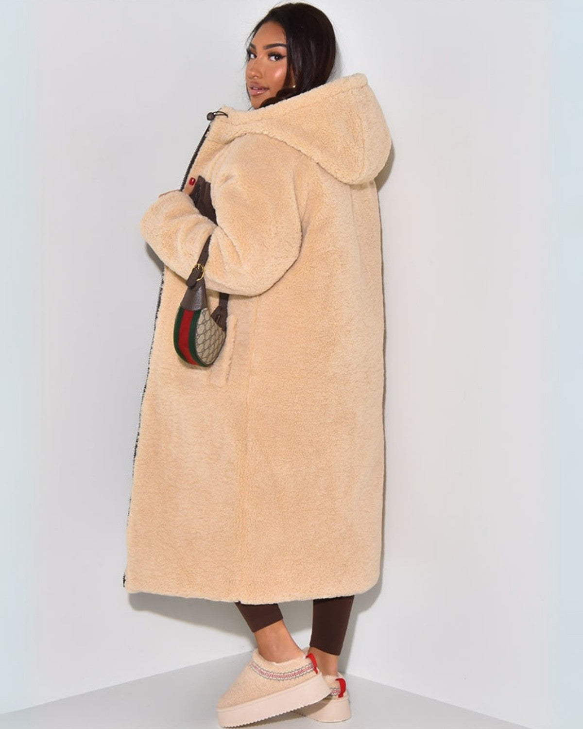 Women's reversible longline puffer coat with cream teddy and a hood