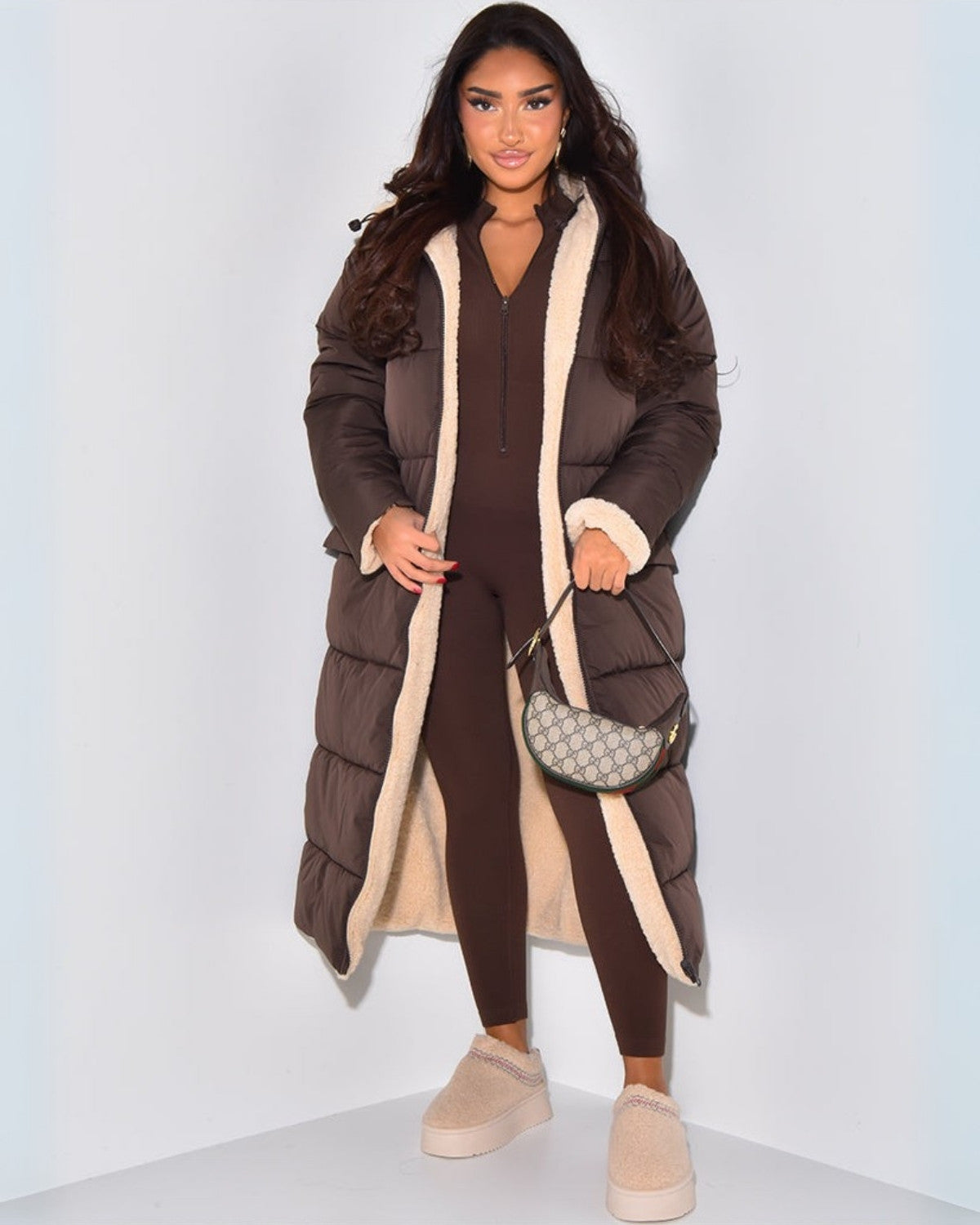 Women's reversible longline puffer coat with cream teddy and a hood