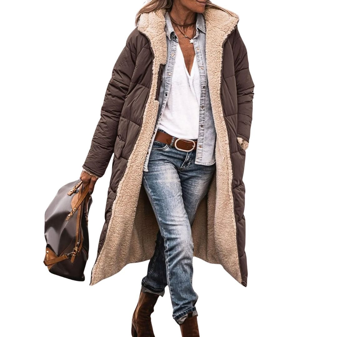 Women's reversible long puffer coat with a teddy lining and hood - chocolate brown