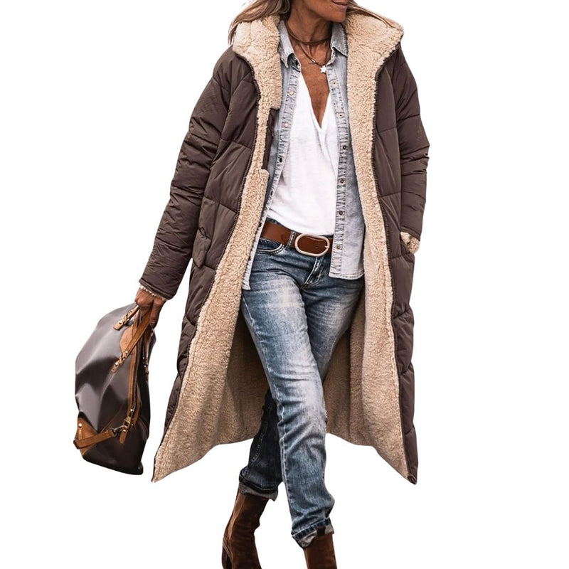 Women's reversible long puffer coat with a teddy lining and hood - chocolate brown