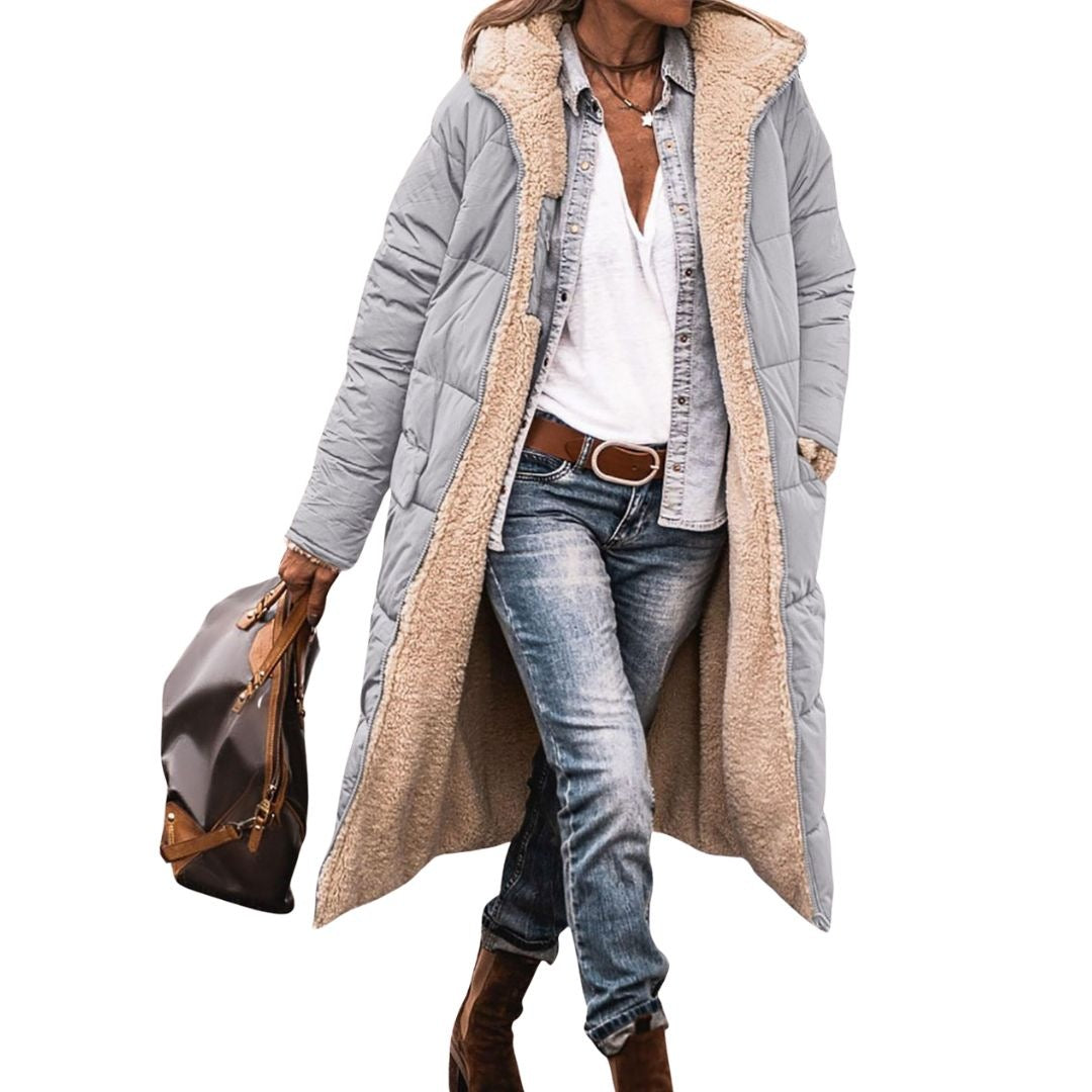 Women's reversible long puffer coat with a teddy lining and hood - light grey