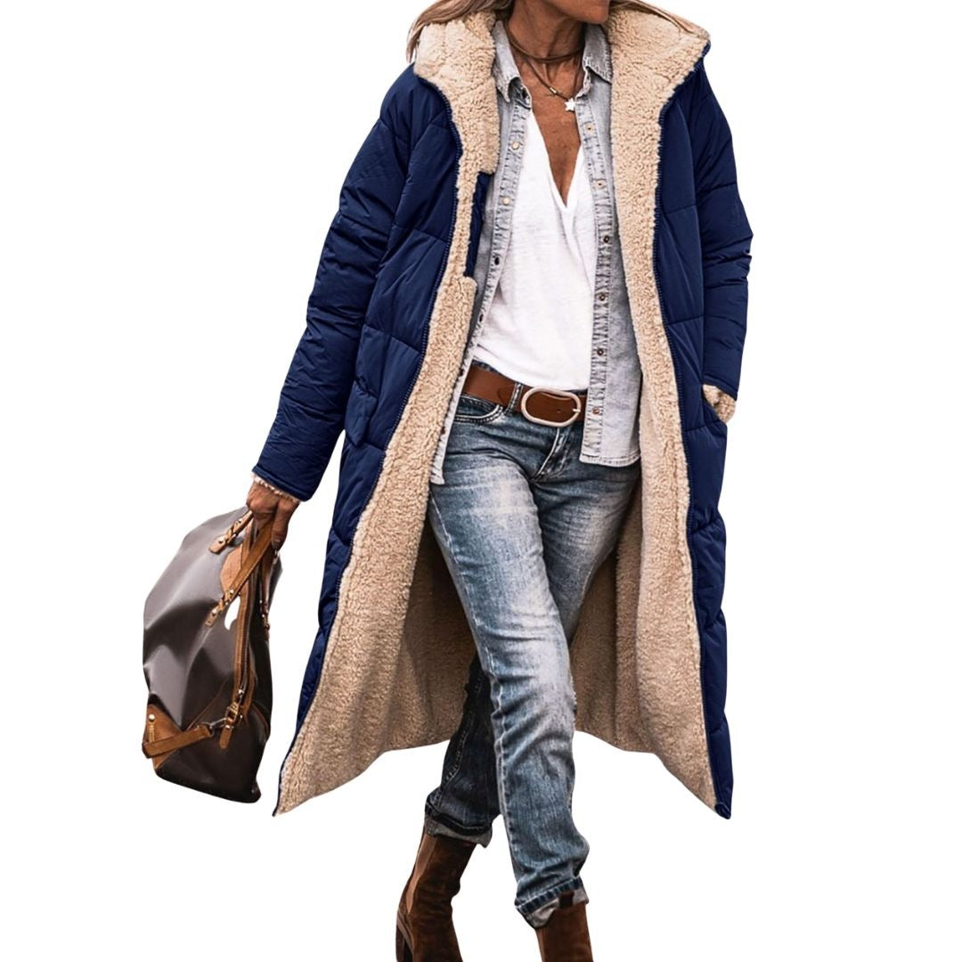 Women's reversible long puffer coat with a teddy lining and hood - navy