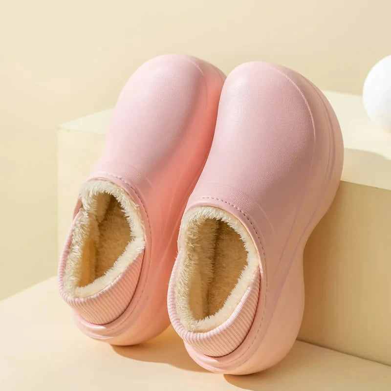 Platform slippers with water-repellent shell, plush lining and ribbed collar - pink