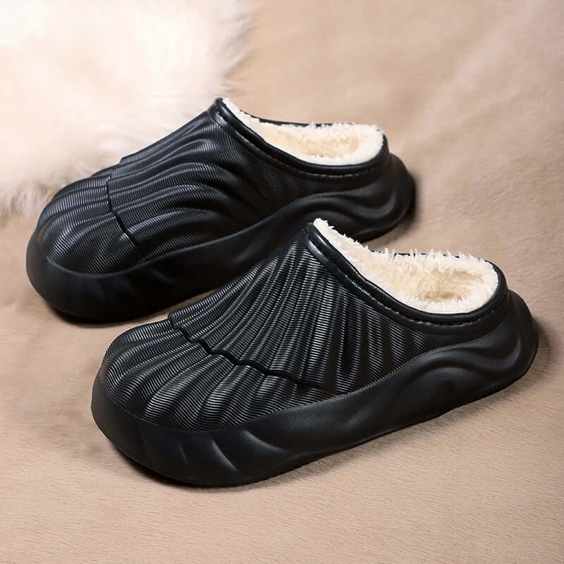 Slippers with a ribbed EVA shell, plush lining, open back and wavy sole - view 2