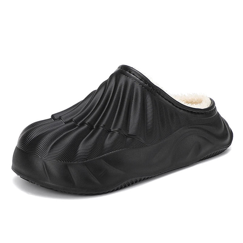 Slippers with a ribbed EVA shell, plush lining, open back and wavy sole - black