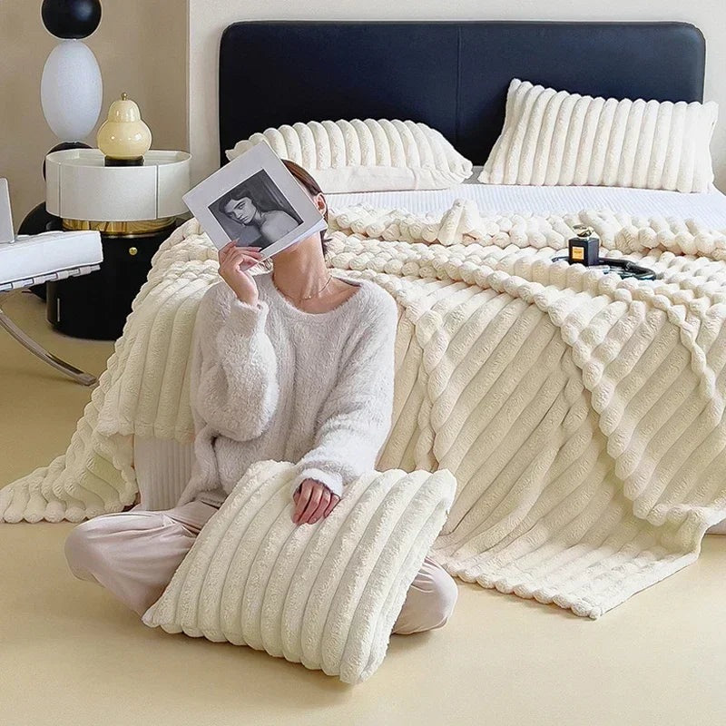 Ribbed faux fur blanket over a sofa - view 3