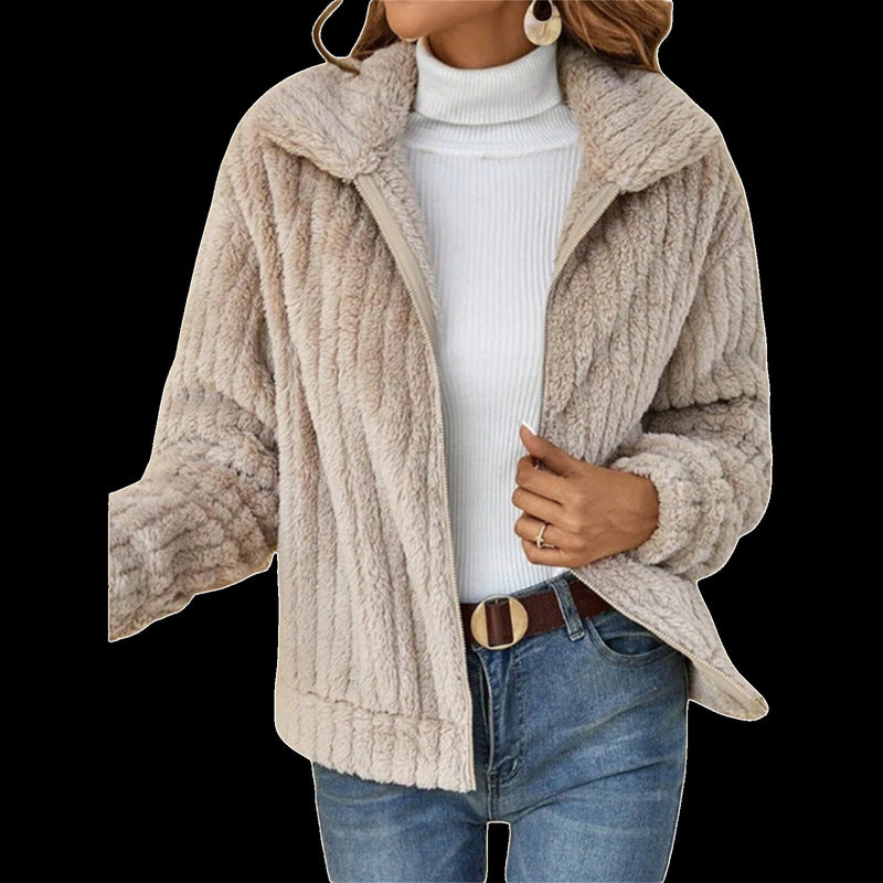 Women's ribbed plush jacket with a wide collar and zip - beige