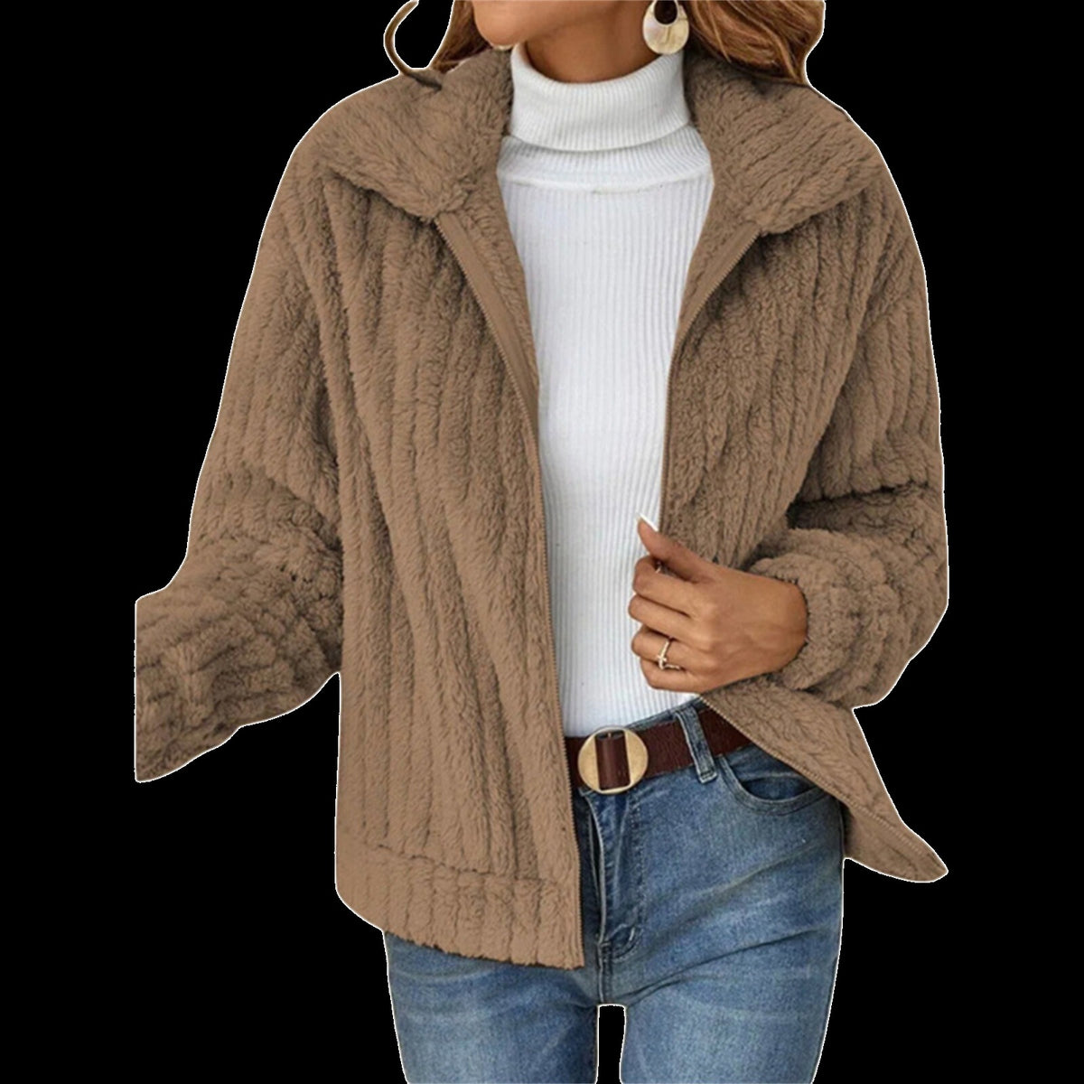 Women's ribbed plush jacket with a wide collar and zip - brown