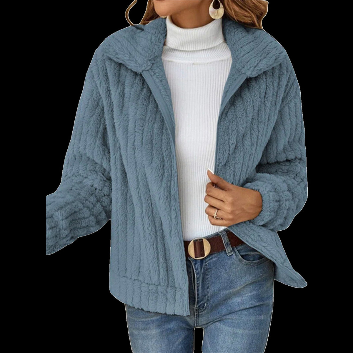 Women's ribbed plush jacket with a wide collar and zip - dusty blue