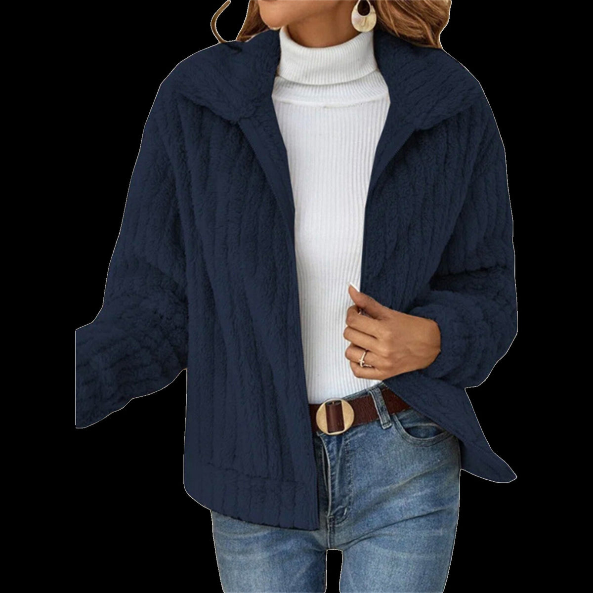 Women's ribbed plush jacket with a wide collar and zip - navy