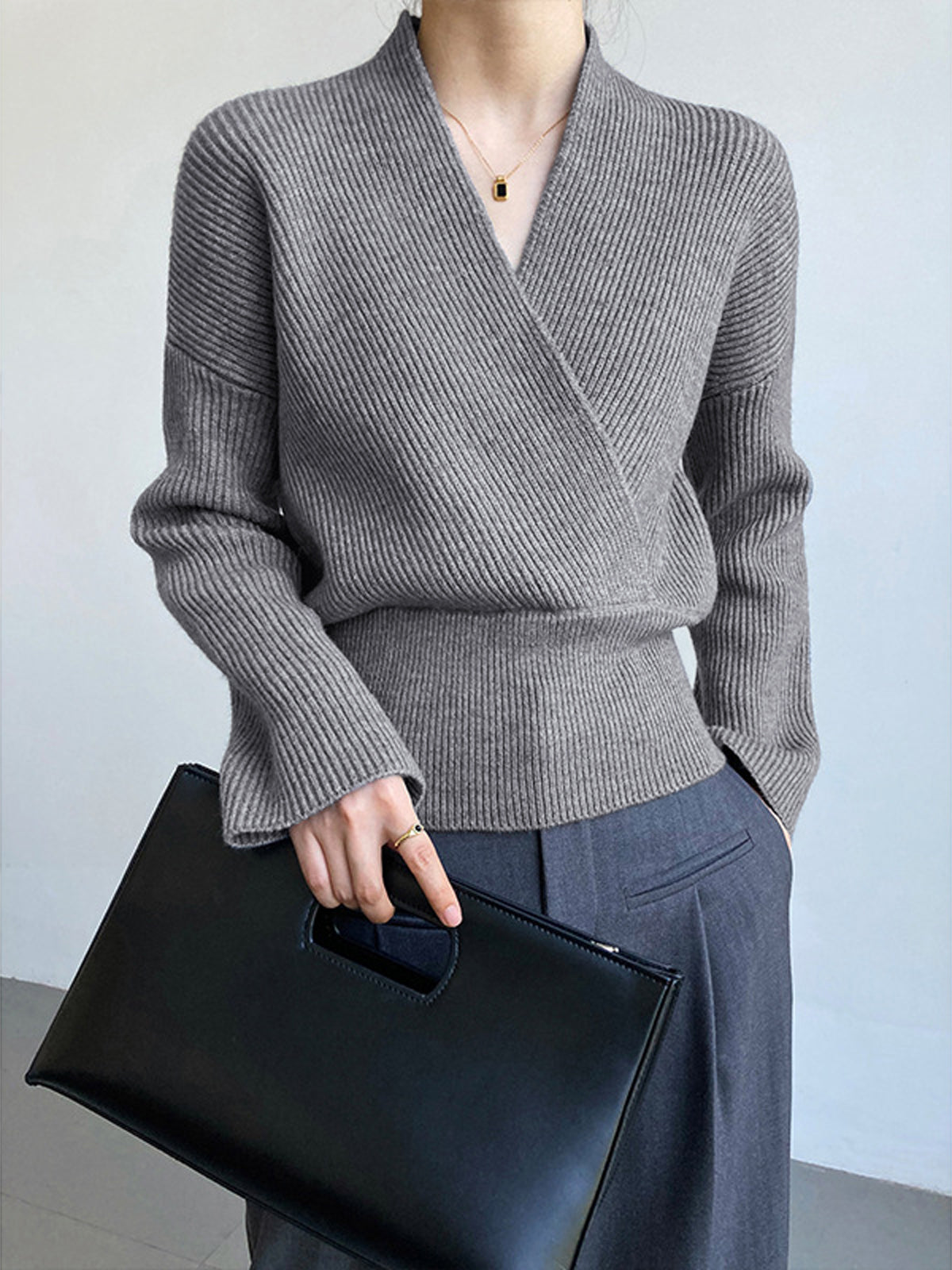 Women's ribbed wrap front cardigan with a V-neck and wide waistband - grey