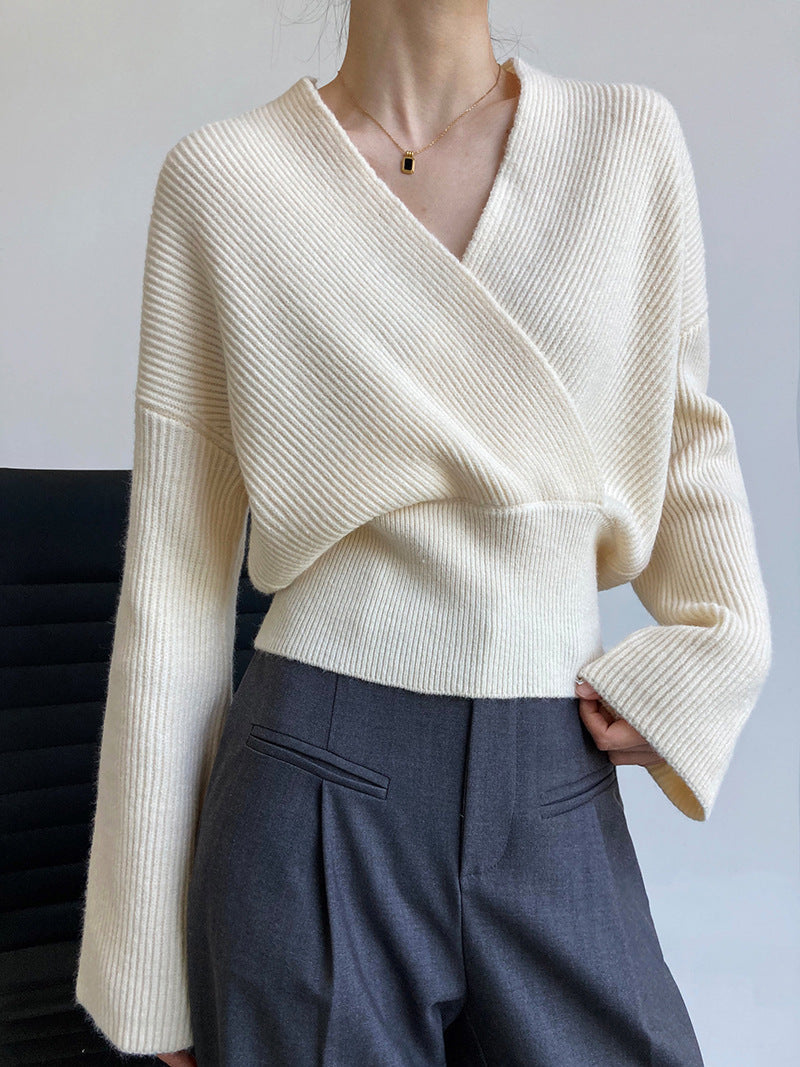 Women's ribbed wrap front cardigan with a V-neck and wide waistband