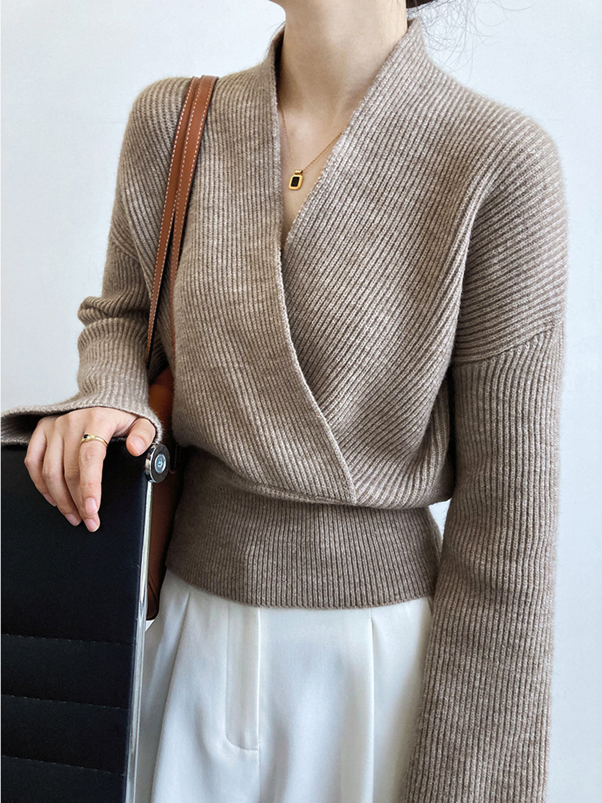 Women's ribbed wrap front cardigan with a V-neck and wide waistband
