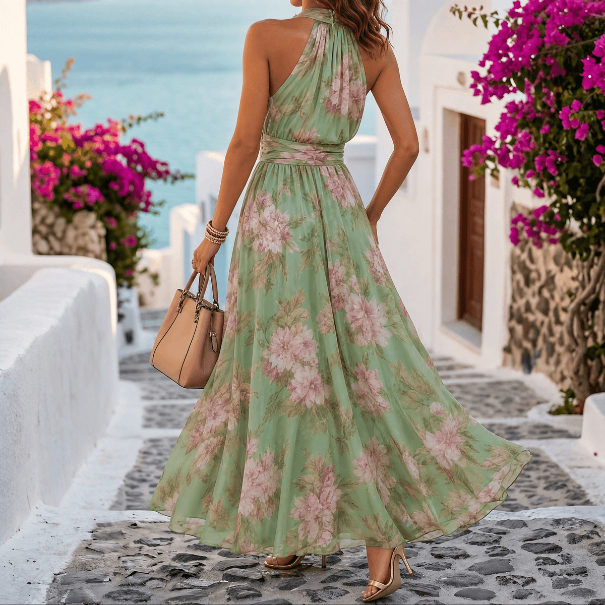 Women's sage floral halter maxi dress - detail