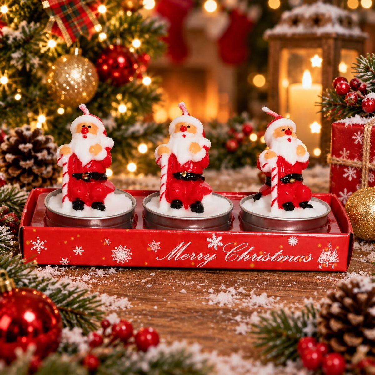 Three Santa Christmas tea lights in a red tray - view 2