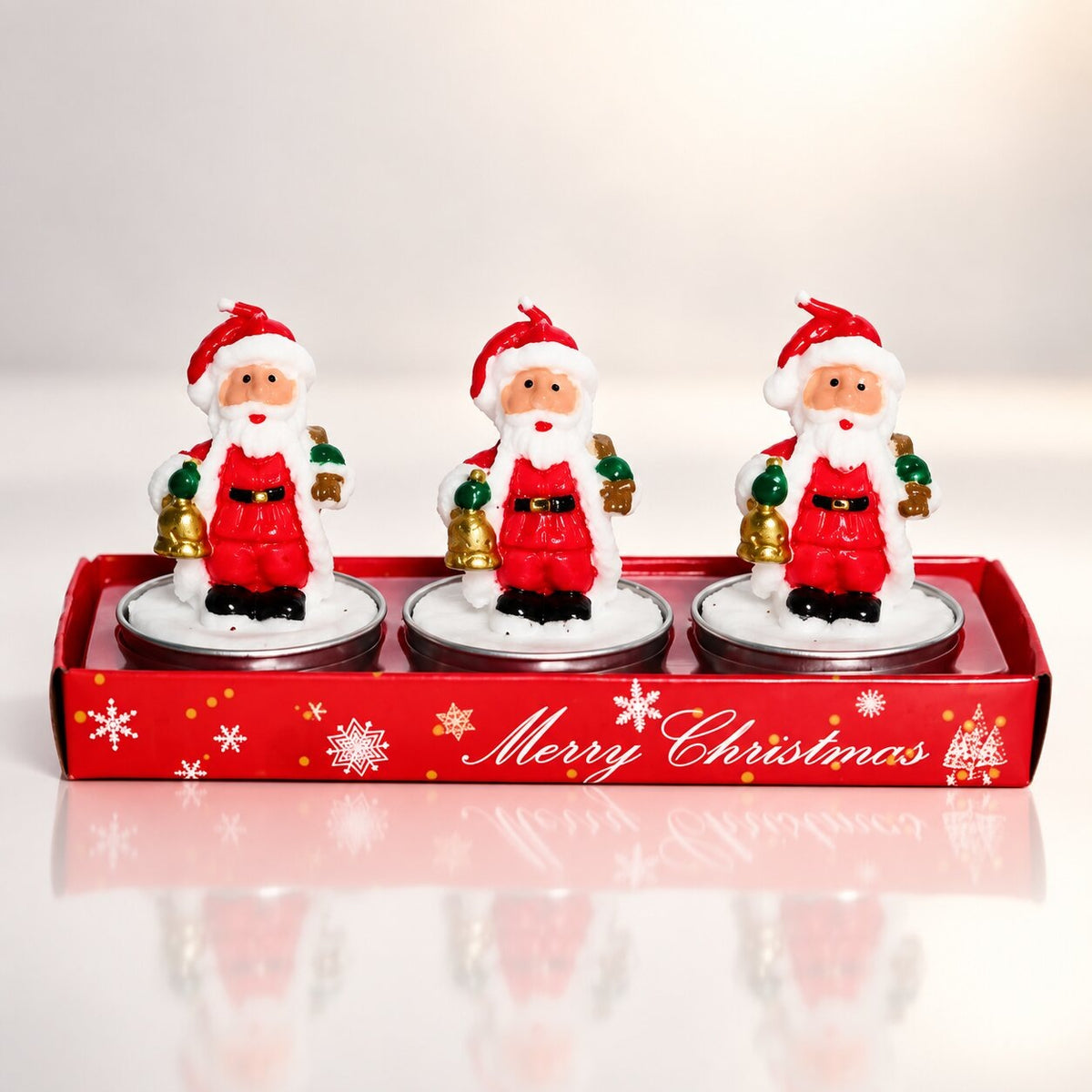 Three Santa Christmas tea lights in a red tray - santa with bell