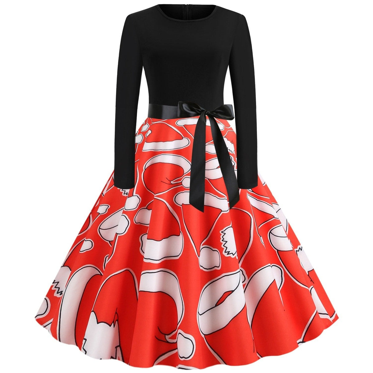 Women's Christmas dress with black long-sleeved bodice and red Santa hat print skirt