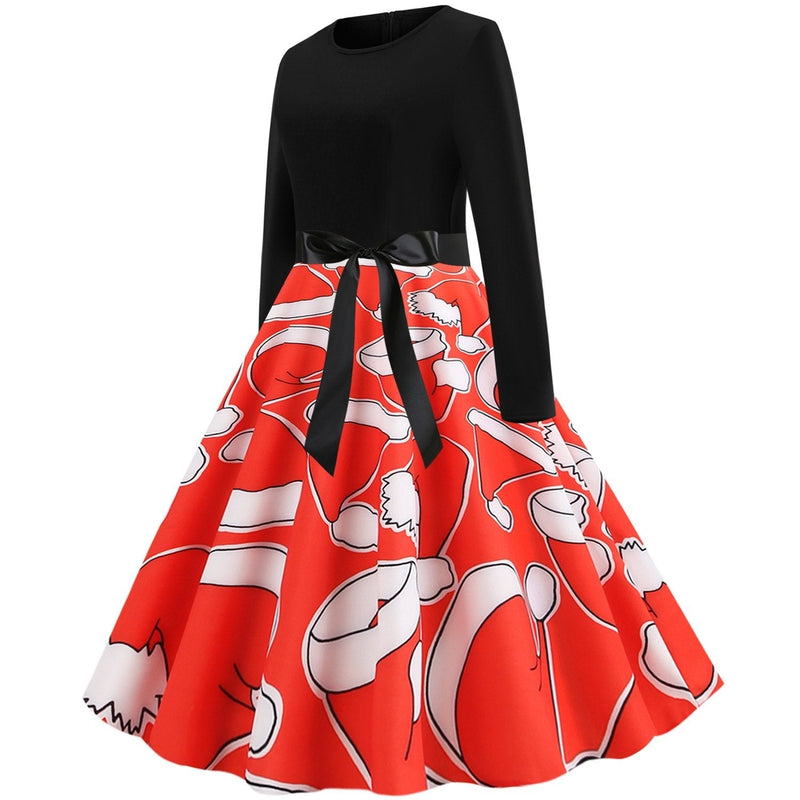 Women's Christmas dress with black long-sleeved bodice and red Santa hat print skirt