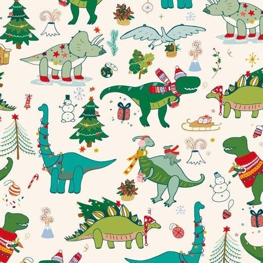 Self-adhesive Christmas wallpaper on a 45 cm wide roll with a festive print - christmas dinosaurs
