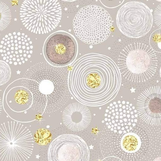Self-adhesive Christmas wallpaper on a 45 cm wide roll with a festive print - taupe circles with gold