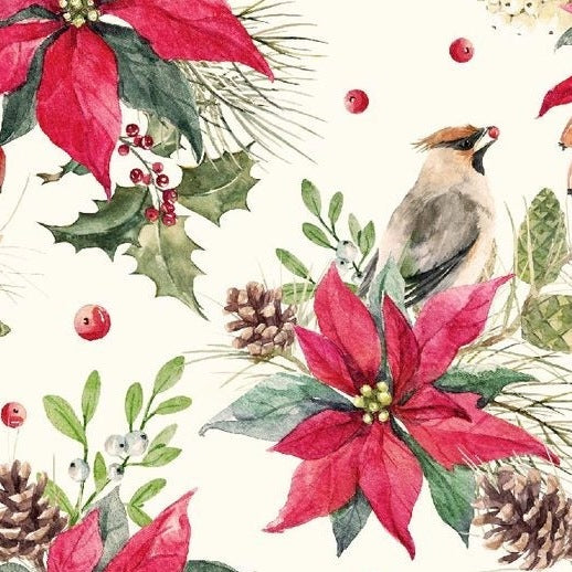 Self-adhesive Christmas wallpaper on a 45 cm wide roll with a festive print - poinsettia and songbird on cream
