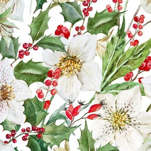 Self-adhesive Christmas wallpaper on a 45 cm wide roll with a festive print - berry sprigs and christmas roses