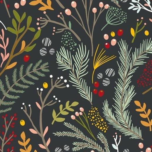Self-adhesive Christmas wallpaper on a 45 cm wide roll with a festive print - sprigs on charcoal