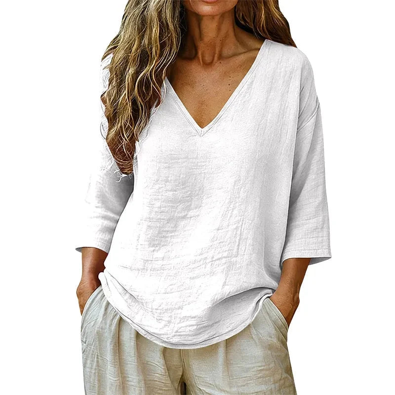 Women's linen V-neck blouse in White