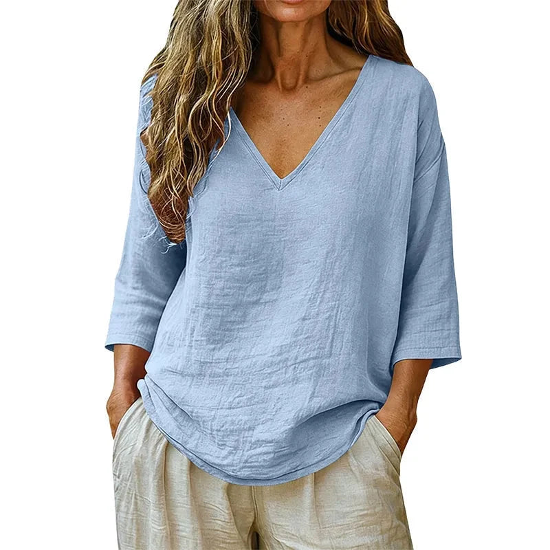 Women's linen V-neck blouse in Light Blue