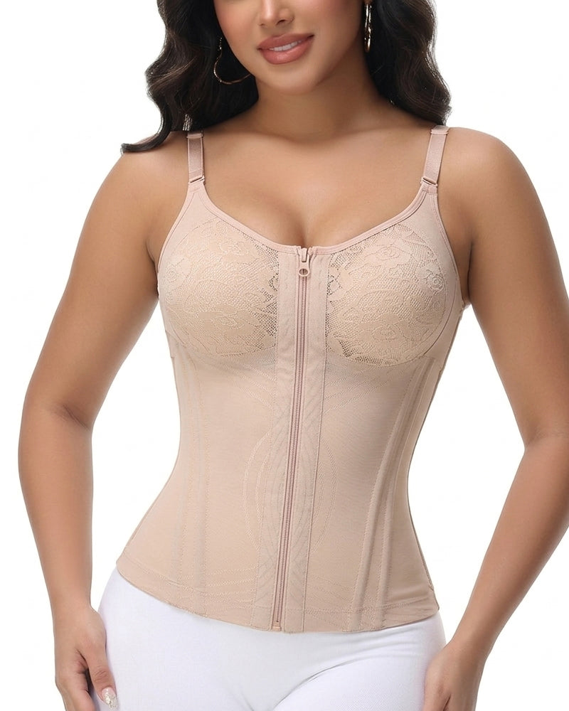 Shapewear cami top with lace cups, zip front and adjustable straps - nude
