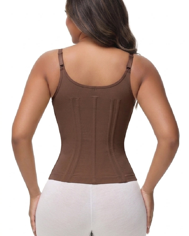 Shapewear cami top with lace cups, zip front and adjustable straps